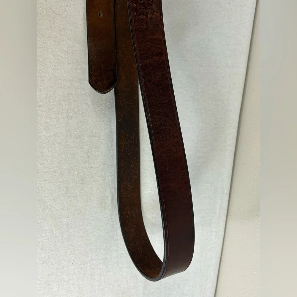 Vintage Brown Leather Belt with Brass Buckle Braided Accent Size 36/38 Mens